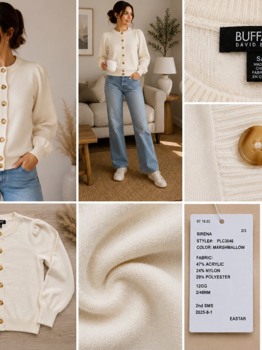 Buffalo David Bitton Cream Puff Sleeve Button Cardigan Sweater NWT Size Small - Picture 2 of 3